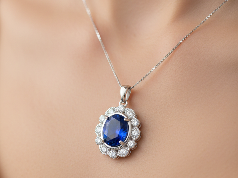 A Sapphire & White Cubic Zirconia Pendant.