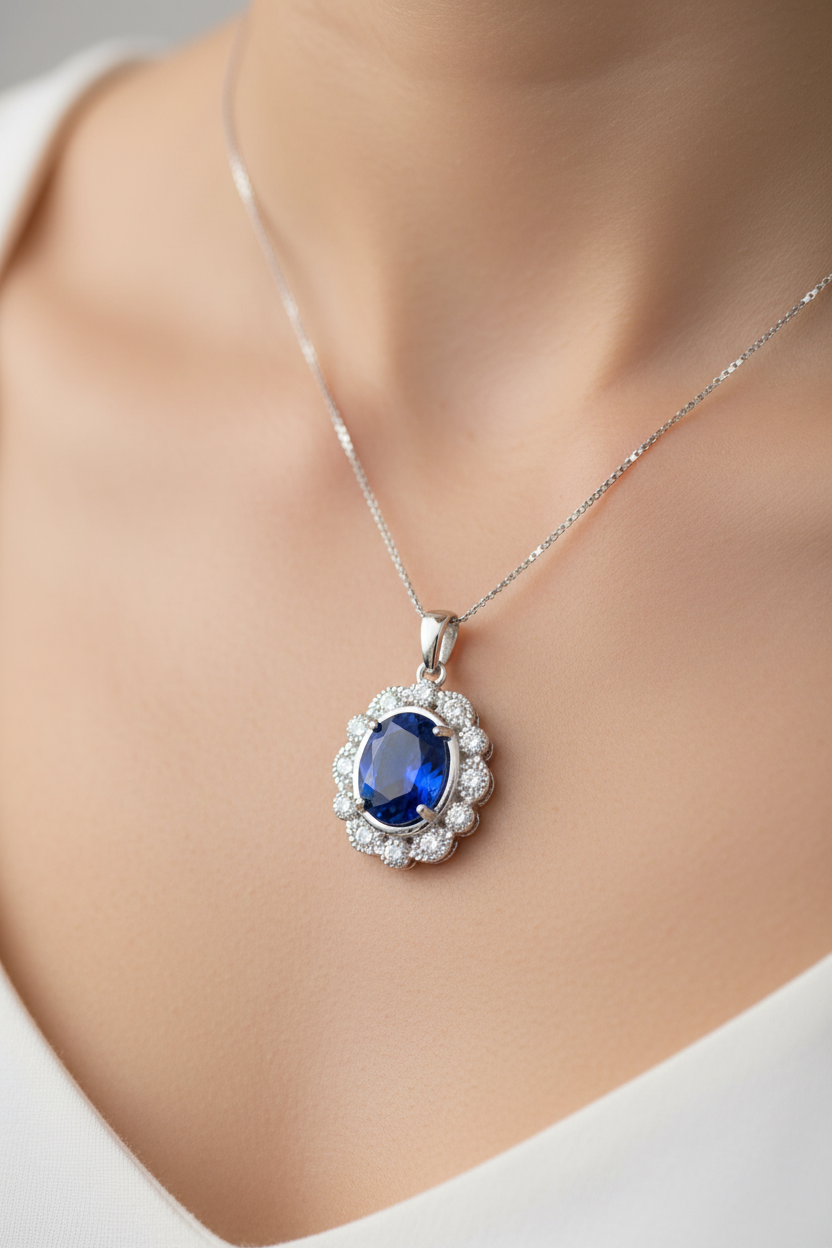 A Sapphire & White Cubic Zirconia Pendant.