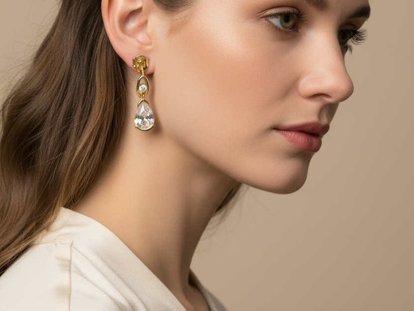 Yellow Plated White Cubic Zirconia Silver Earring