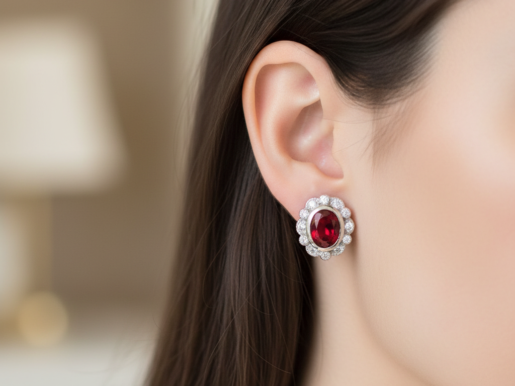 A Ruby & White Cubic Zirconia Earring.
