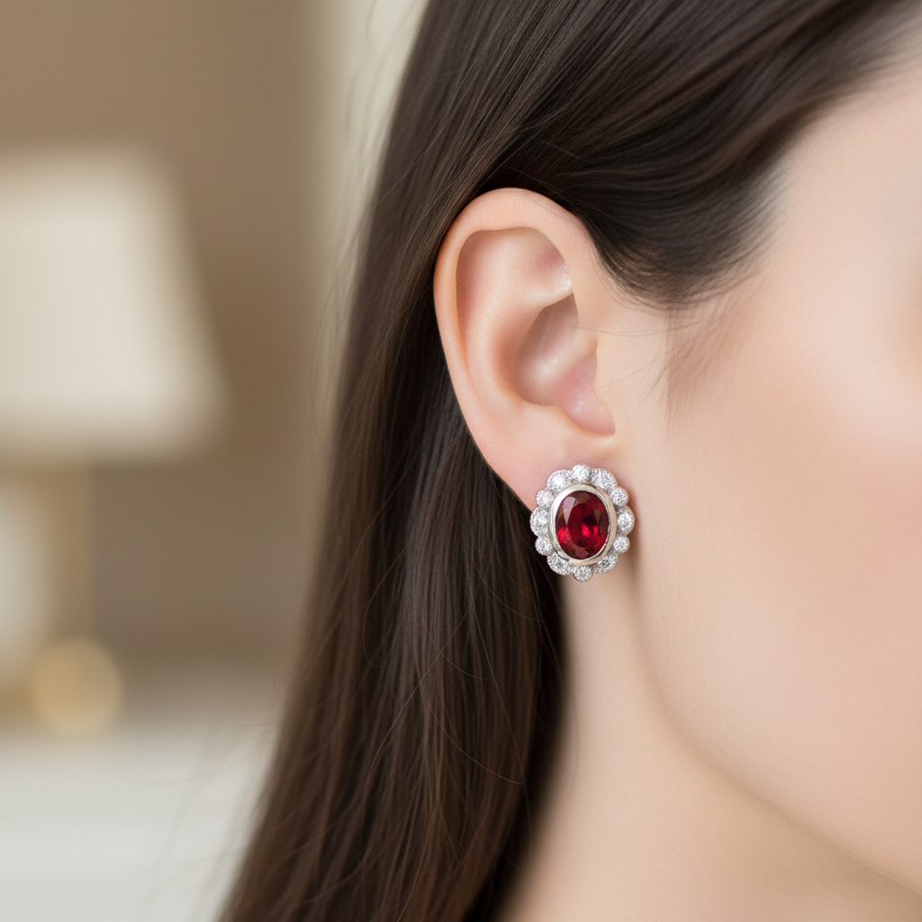 A Ruby & White Cubic Zirconia Earring.