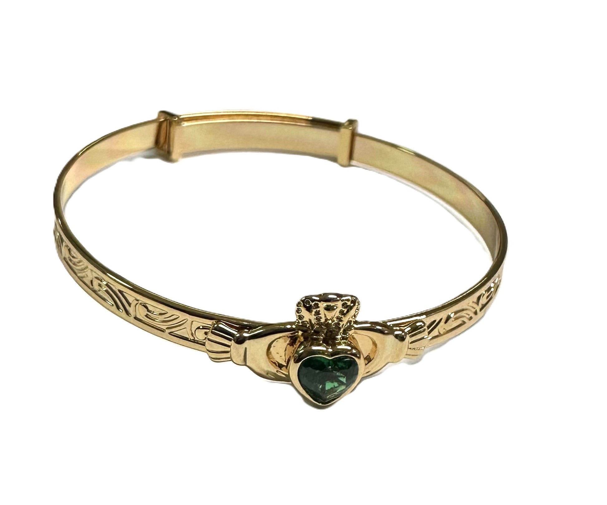 Rolled Gold Claddagh With Emerald Green Cz Stone Bangle