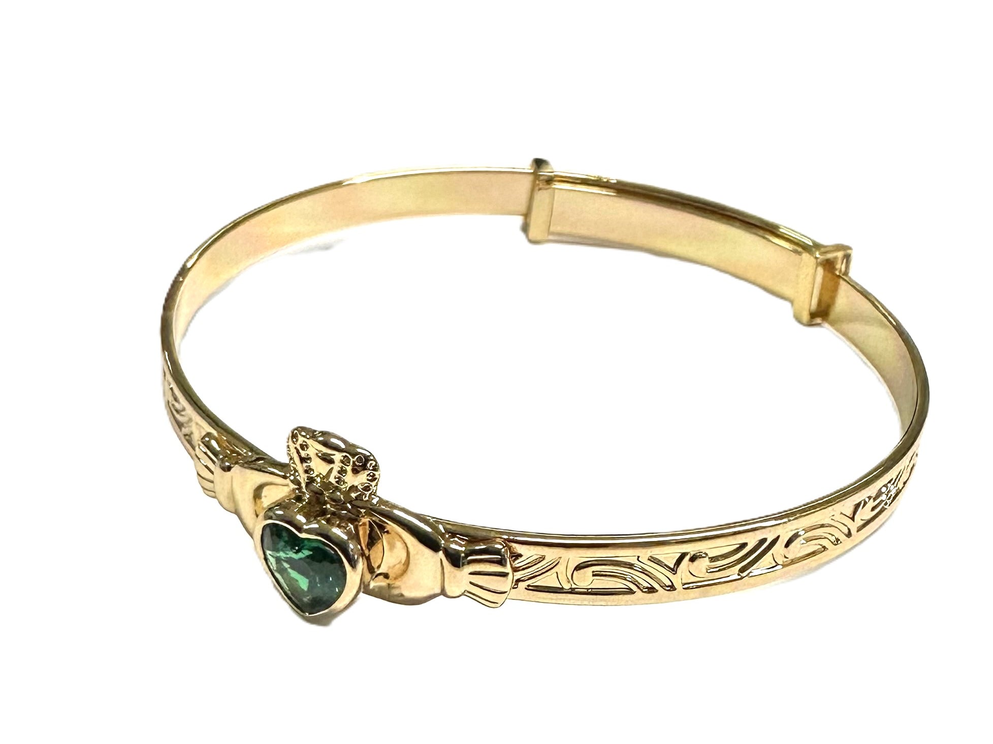 Rolled Gold Claddagh With Emerald Green Cz Stone Bangle