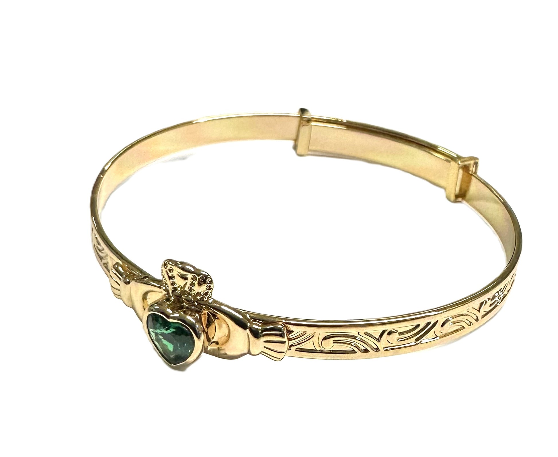 Rolled Gold Claddagh With Emerald Green Cz Stone Bangle
