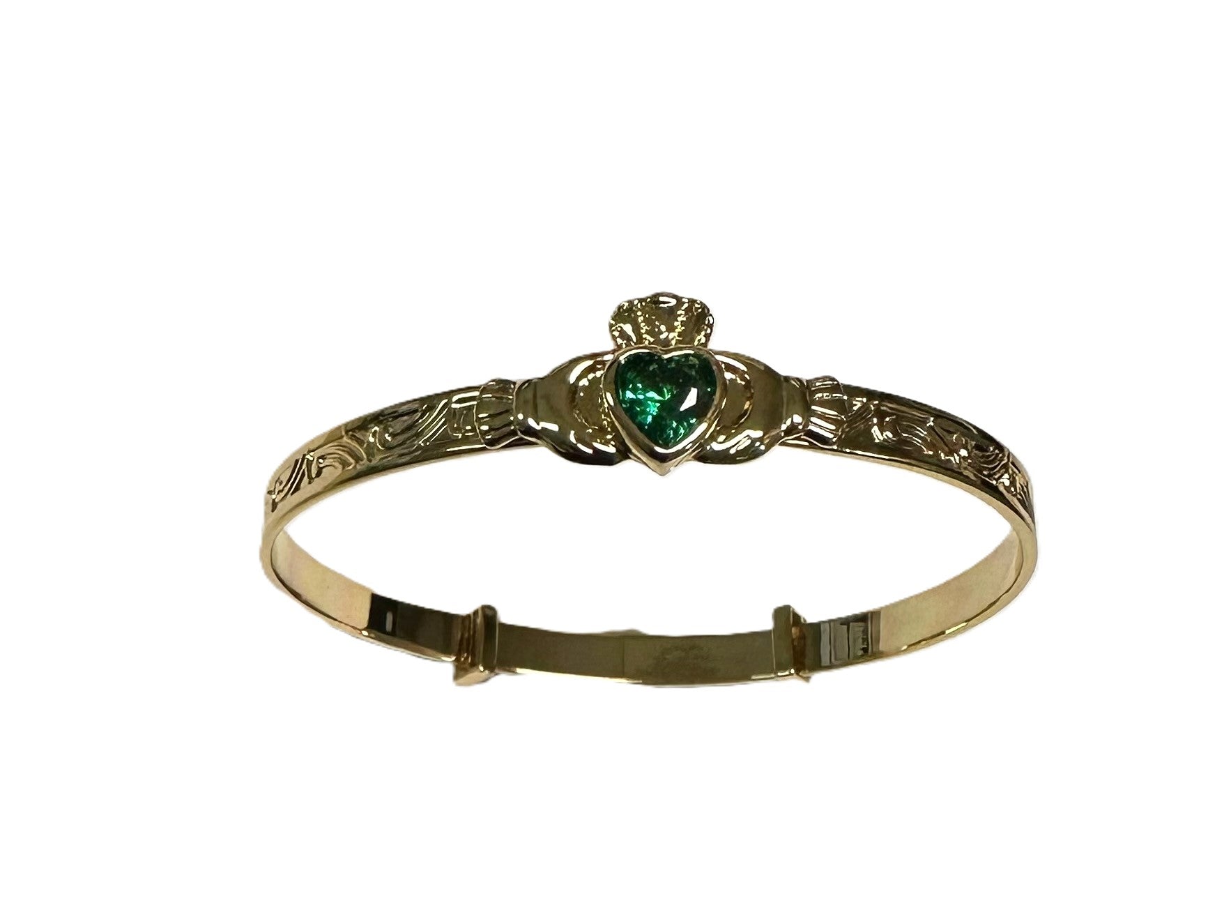 Rolled Gold Claddagh With Emerald Green Cz Stone Bangle
