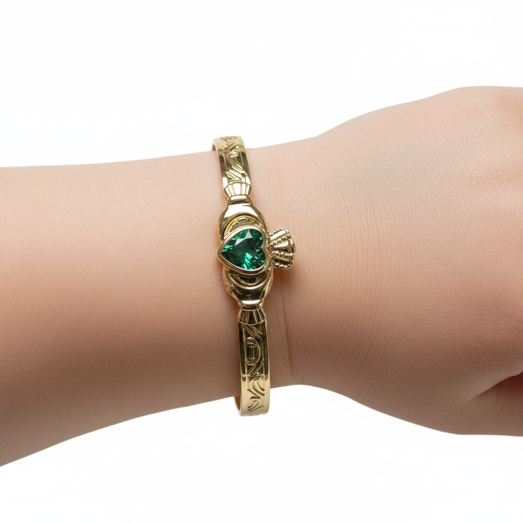 Rolled Gold Claddagh With Emerald Green Cz Stone Bangle