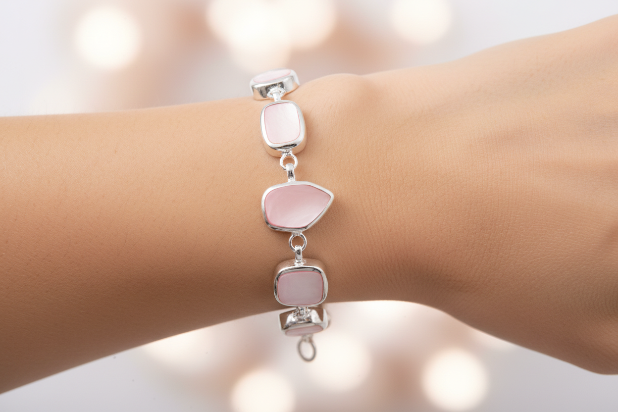 Pink M O P Stone Silver Bracelet
