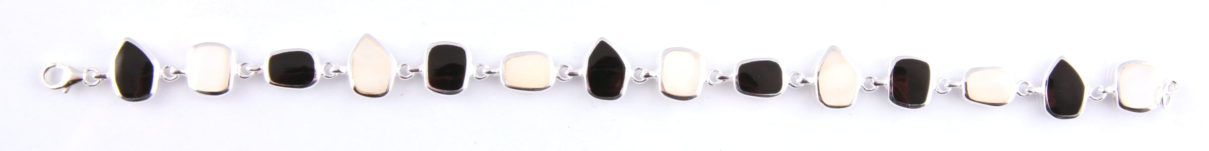 Black Onyx  & White M O P Stone Silver Bracelet