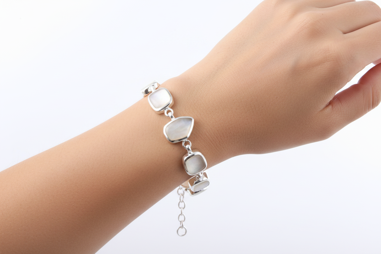 White M O P Stone Silver Bracelet