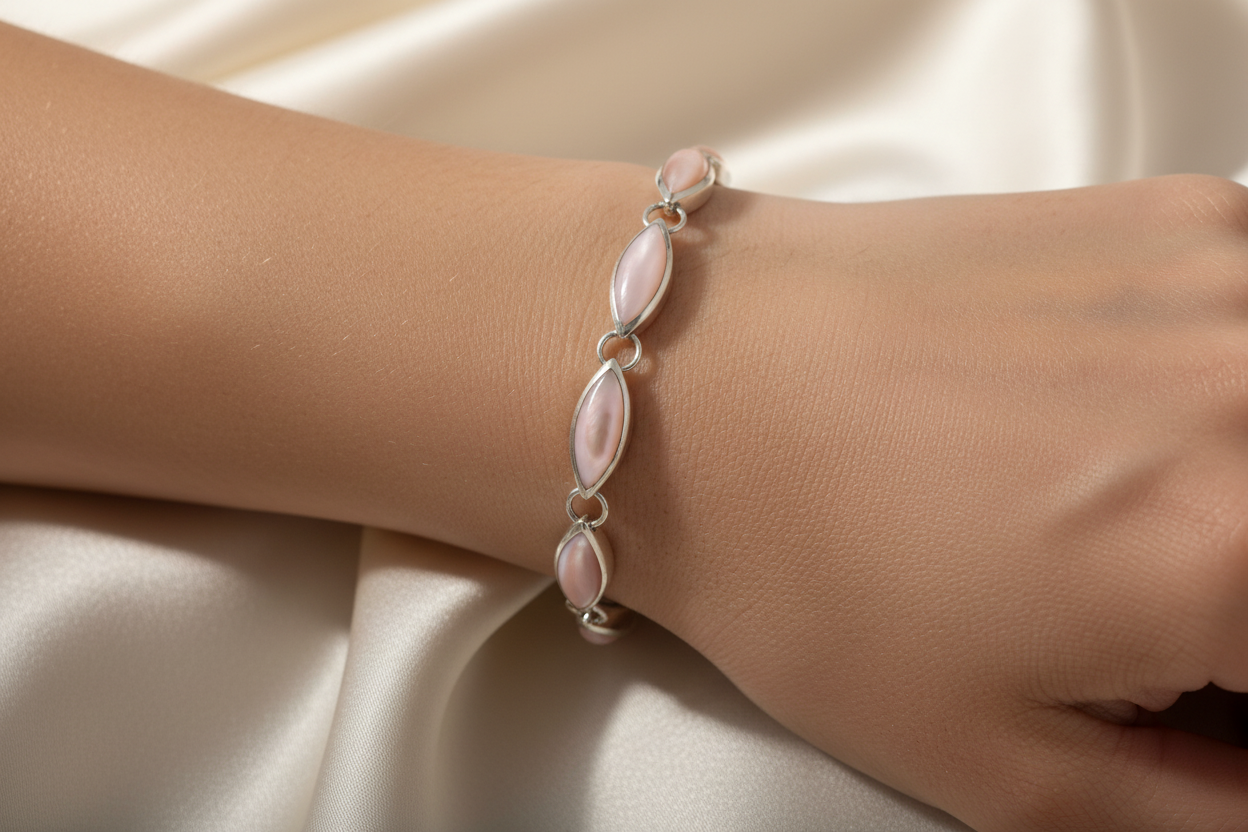 Pink M O P Stone Silver Bracelet