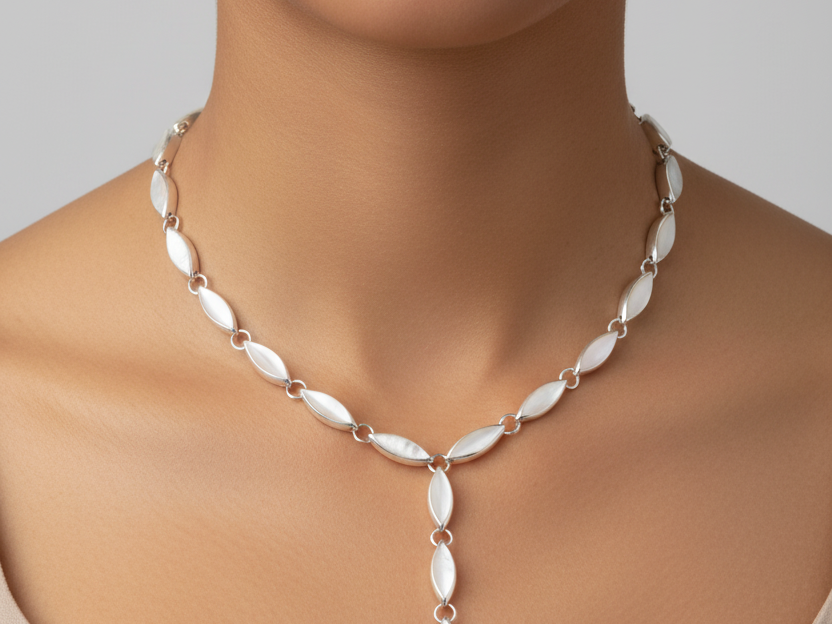 White M O P Stone Silver Necklace
