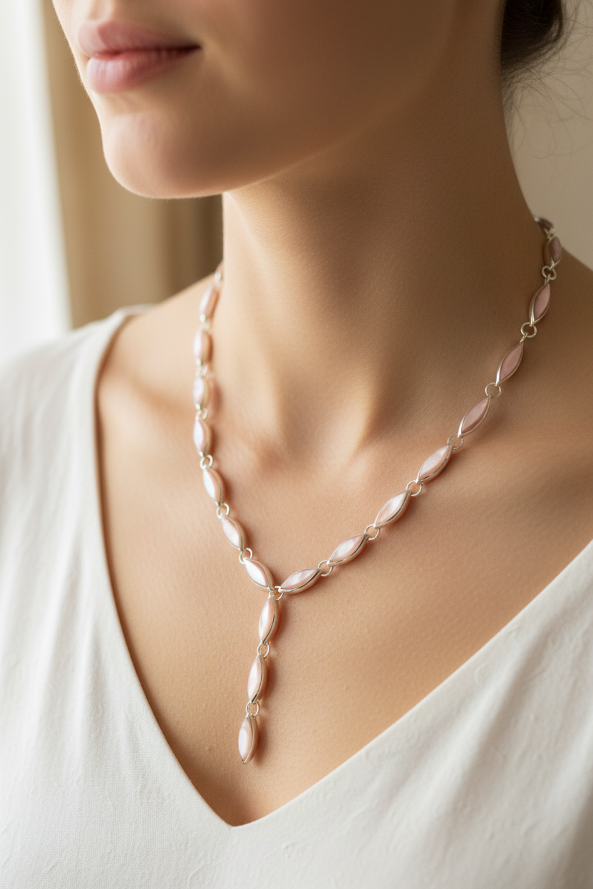 Pink M O P Stone Silver Necklace