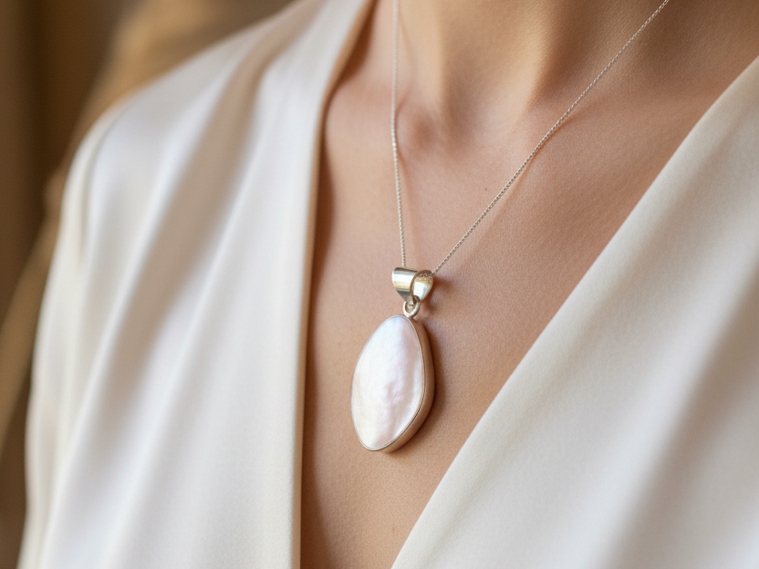 Pink M O P Stone Silver Pendant