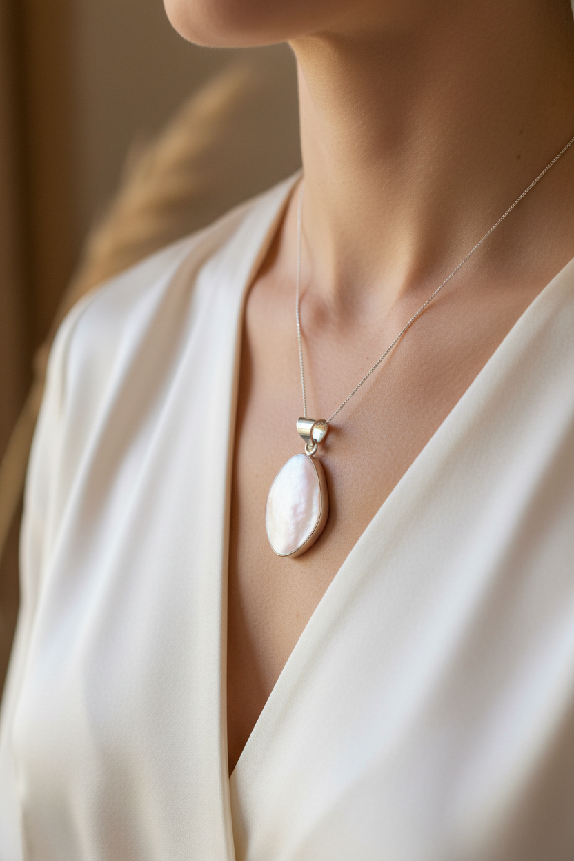 Pink M O P Stone Silver Pendant