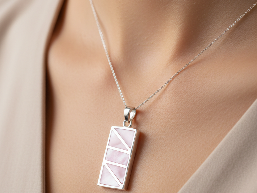 Pink M O P Stone Silver Pendant