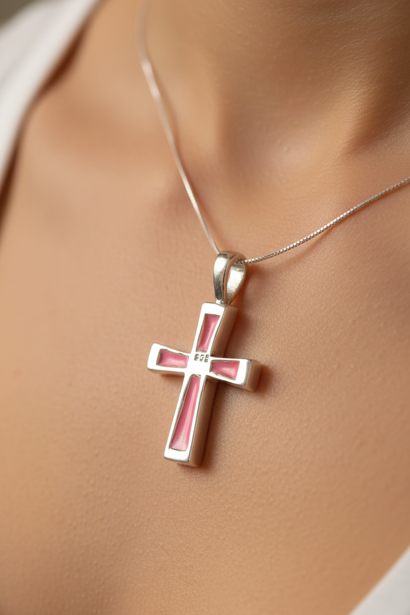 Pink M O P Stone Silver Pendant