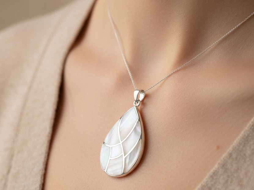 White M O P Stone Silver Pendant