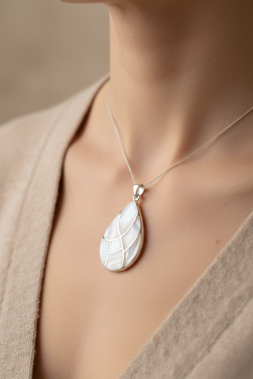 White M O P Stone Silver Pendant