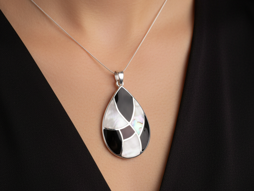 Black Onyx & M O P Stone Silver Pendant