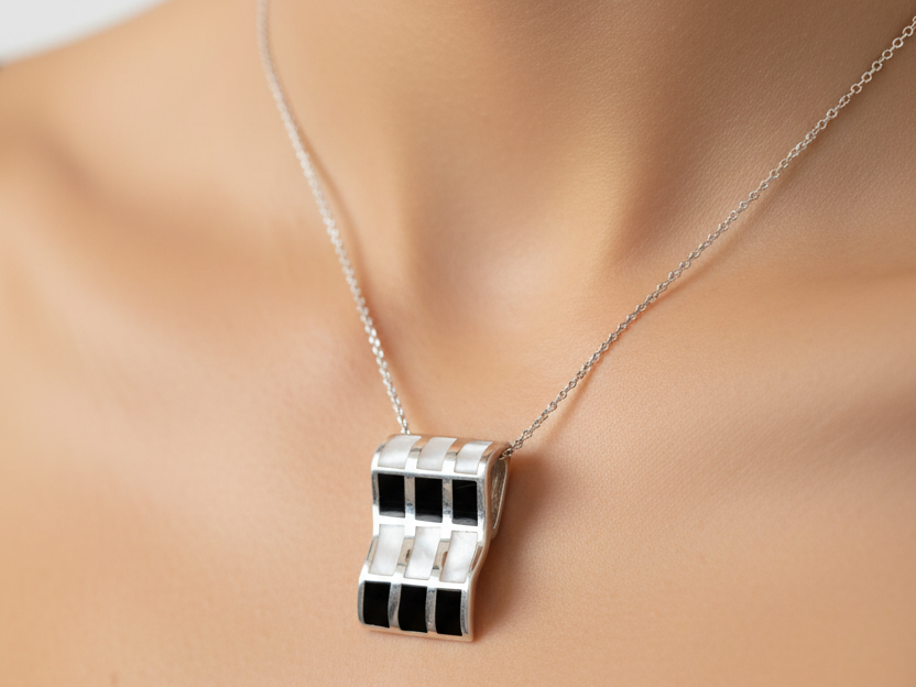 Black Onyx & M O P Stone Silver Pendant