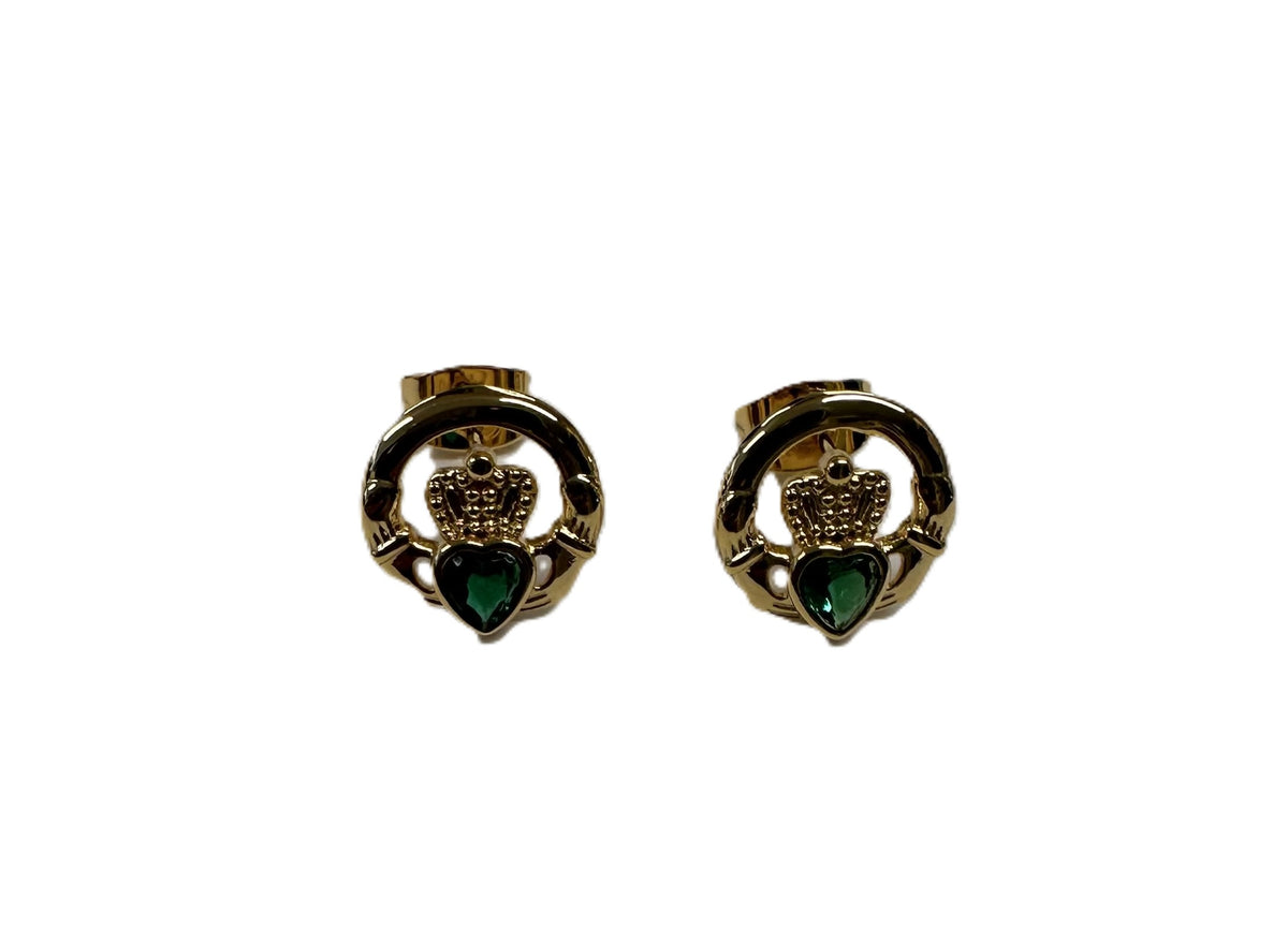 Rolled Gold Claddagh Emerald Green Cz Stud Earrings