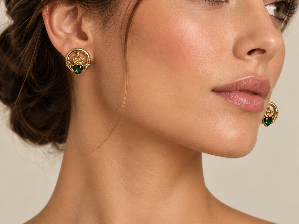 Rolled Gold Claddagh Emerald Green Cz Stud Earrings