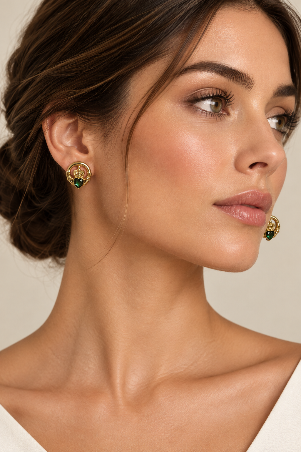 Rolled Gold Claddagh Emerald Green Cz Stud Earrings
