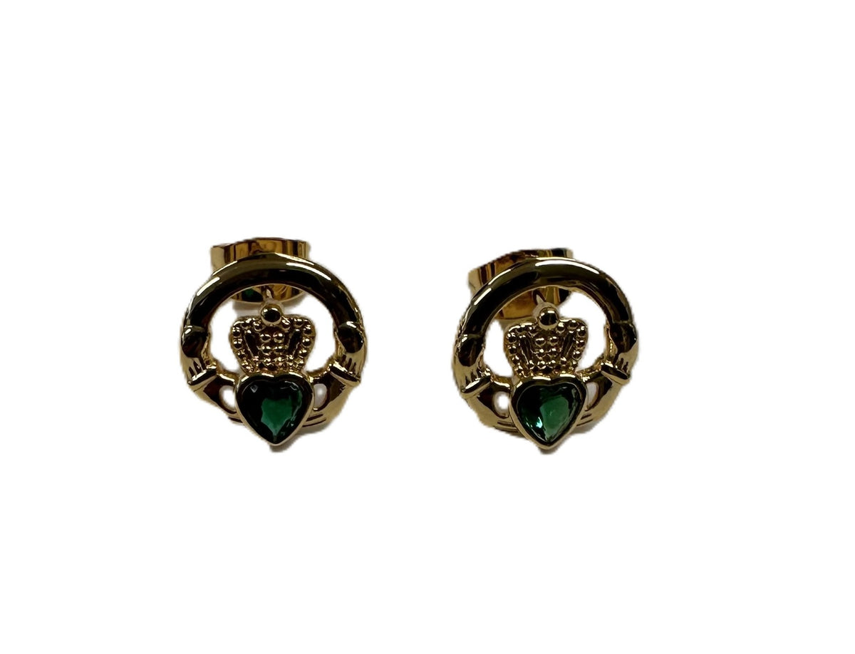 Rolled Gold Emerald Green Cz Stone Set Claddagh Pendant And Chain
