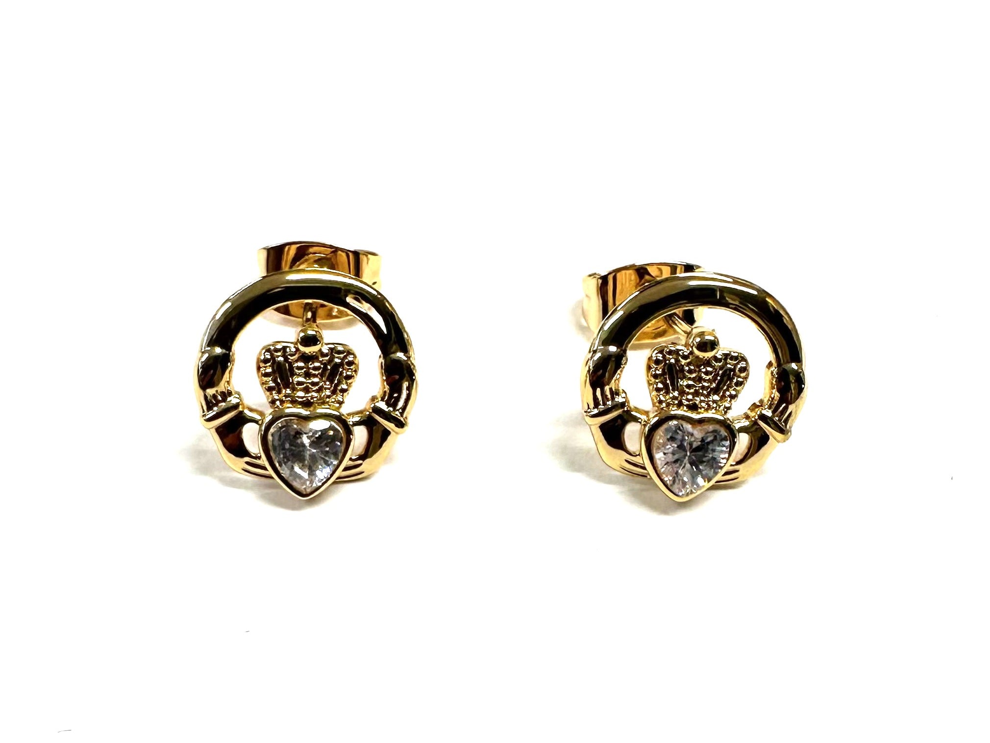 Rolled Gold Claddagh White Cz Stud Earrings