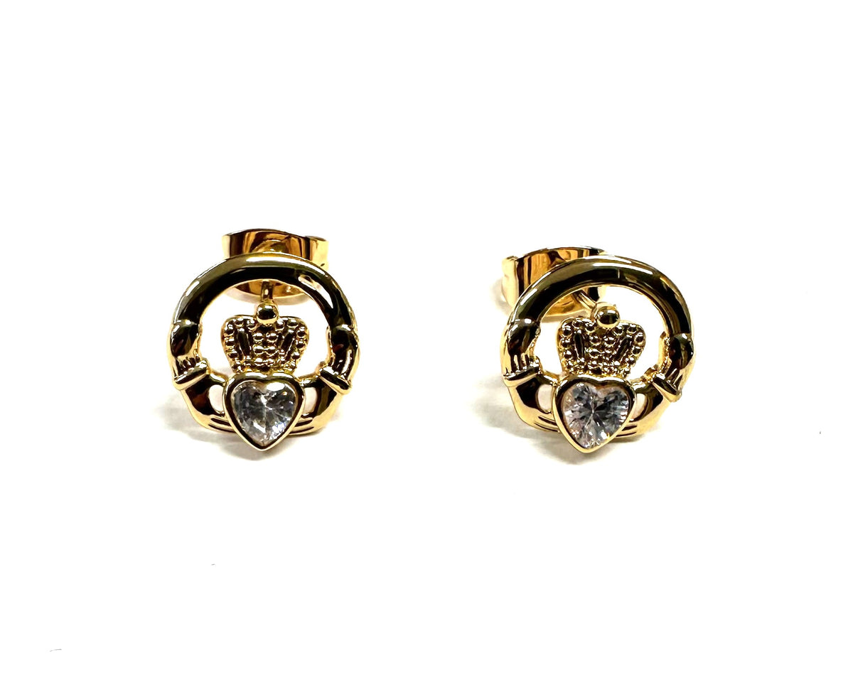 Rolled Gold Claddagh White Cz Stud Earrings