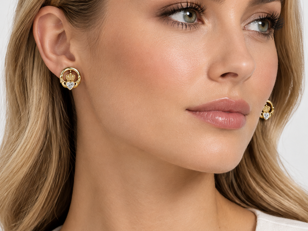 Rolled Gold Claddagh White Cz Stud Earrings