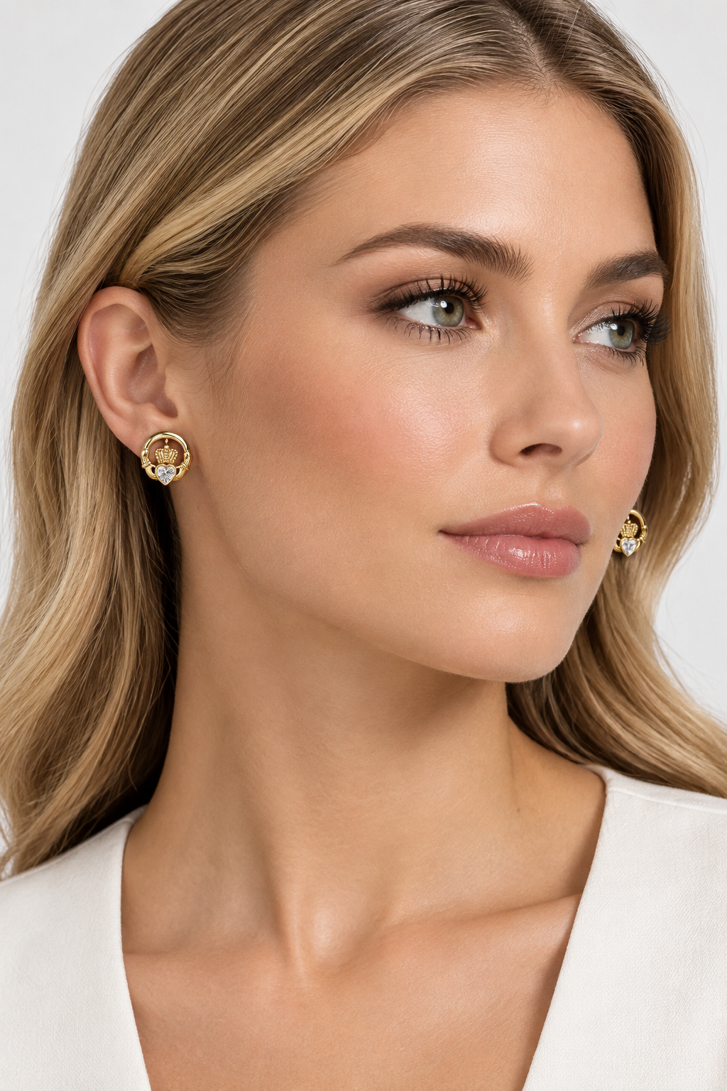Rolled Gold Claddagh White Cz Stud Earrings