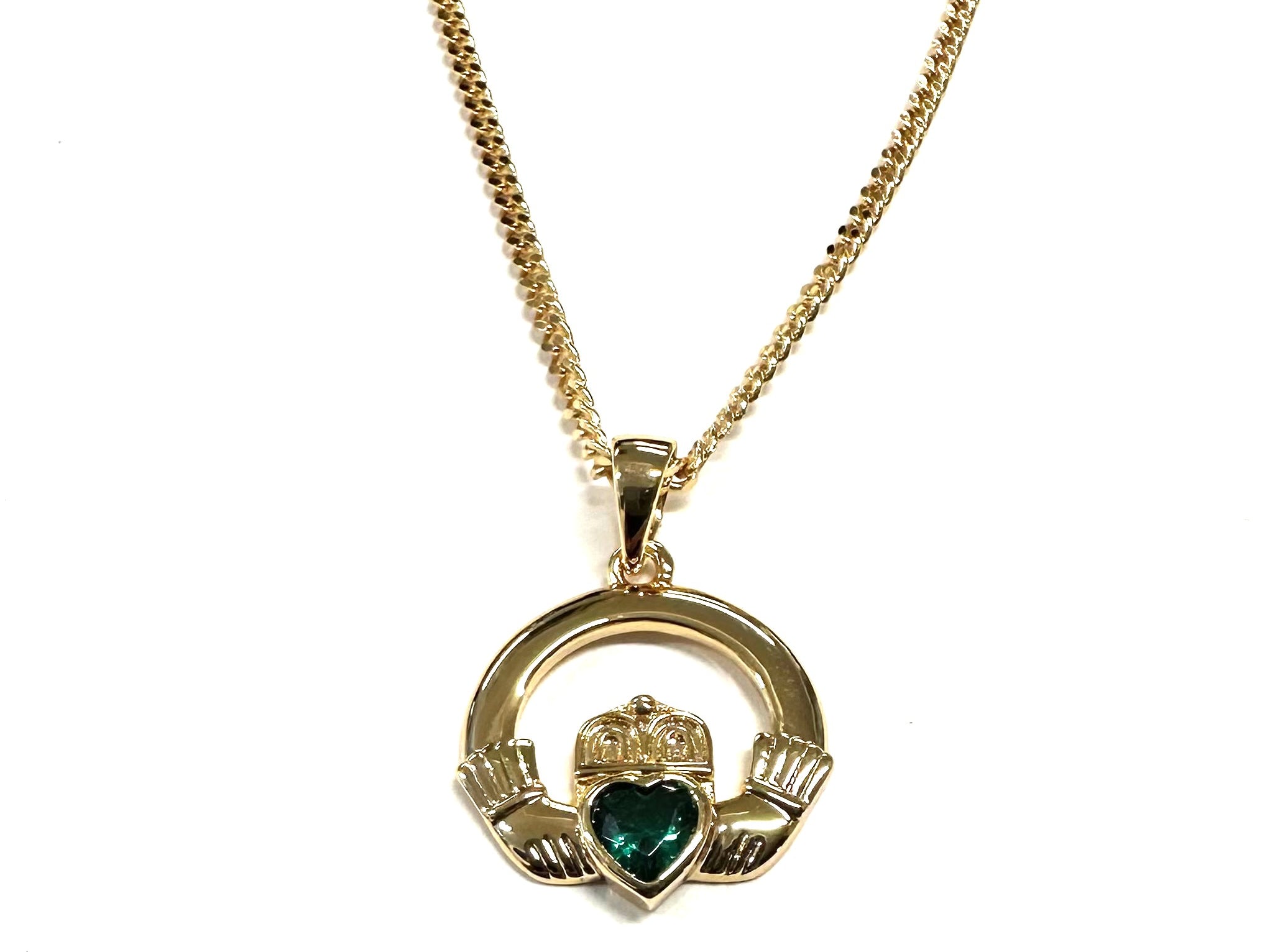Rolled Gold Emerald Green Cz Stone Set Claddagh Pendant And Chain