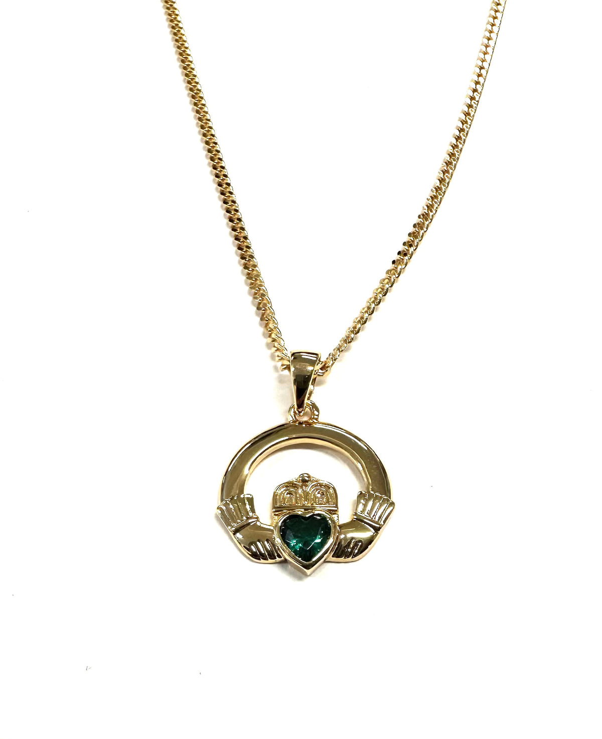 Rolled Gold Emerald Green Cz Stone Set Claddagh Pendant And Chain