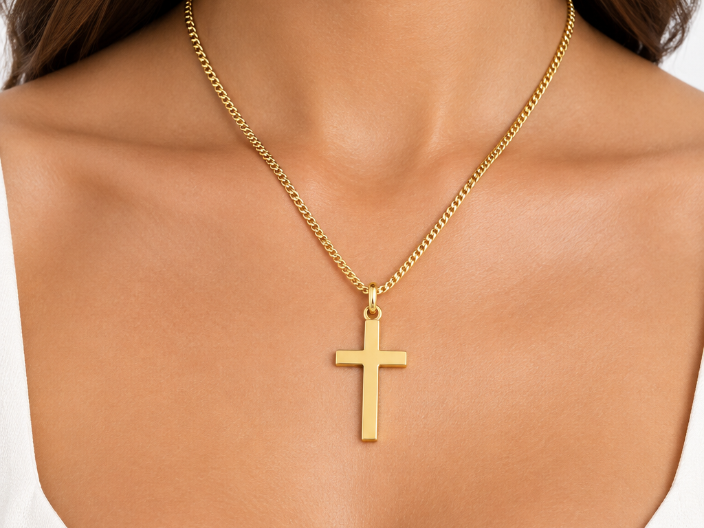 Rolled Gold Plain Heavy Cross Pendant And Chain 40mm