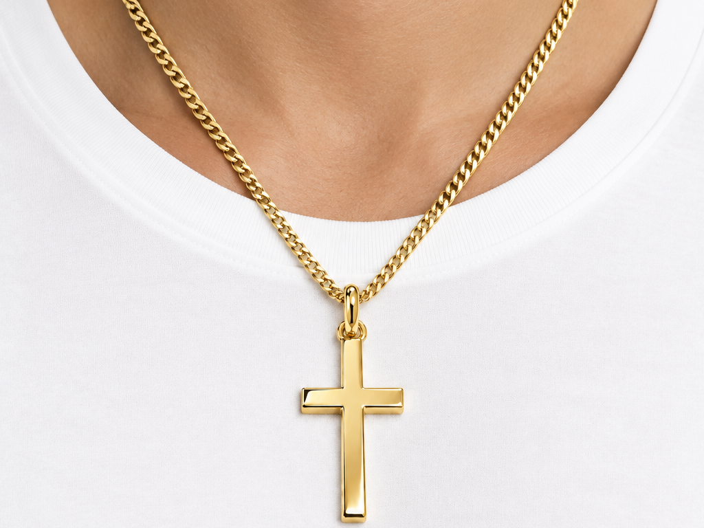 Rolled Gold Plain Heavy Cross Pendant And Chain 30mm