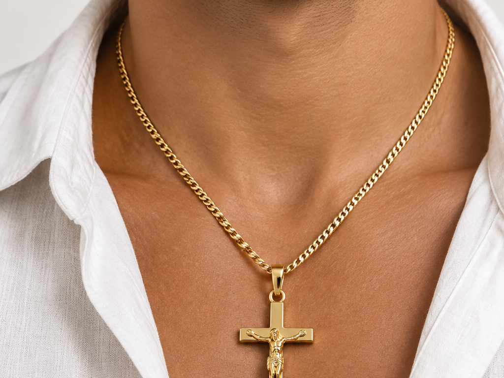 Rolled Gold Heavy Crucifix Cross Pendant And Chain 40mm