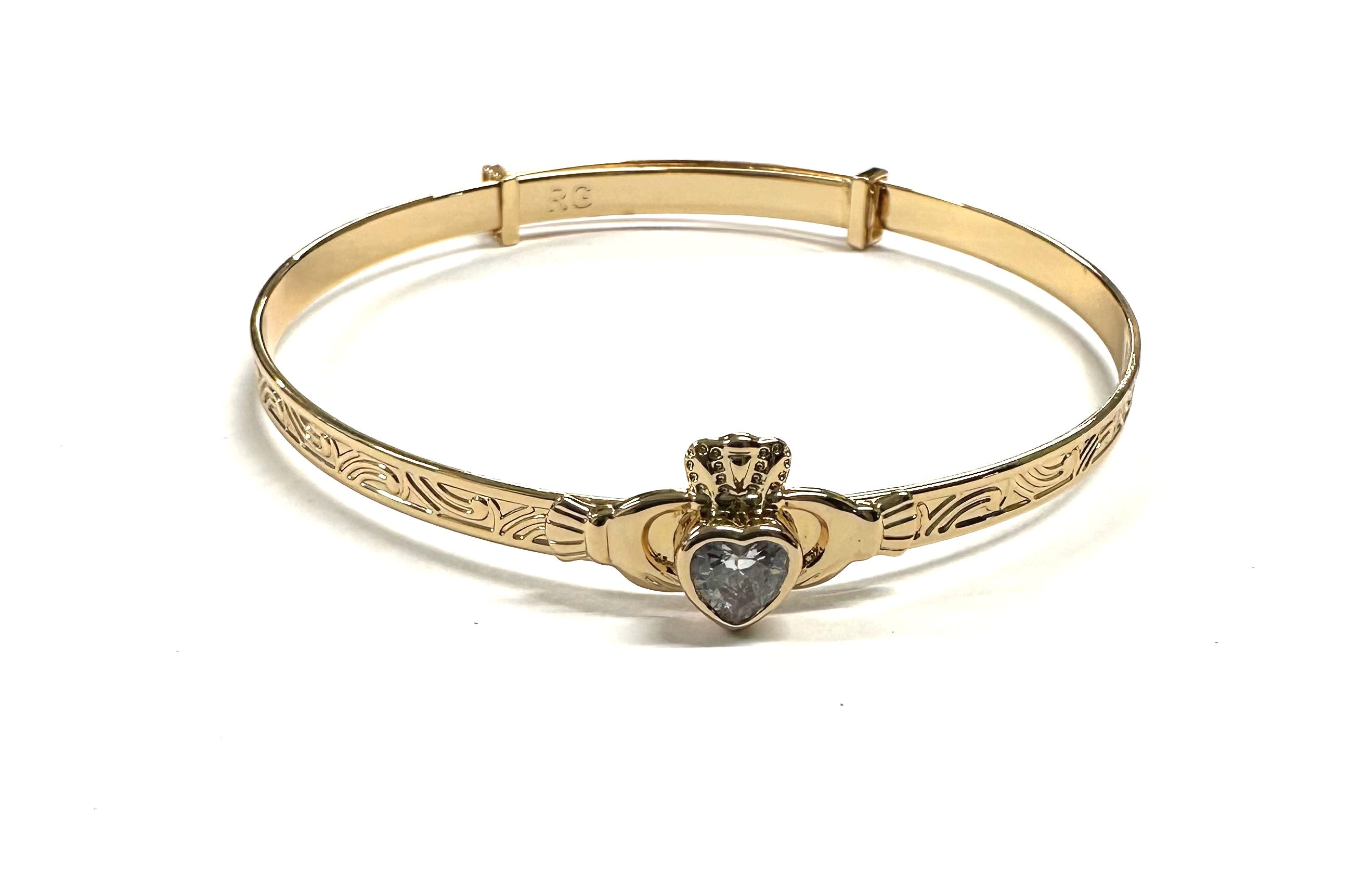 Rolled Gold Claddagh With White Cz Stone Bangle