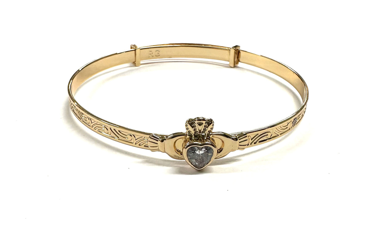 Rolled Gold Claddagh With White Cz Stone Bangle