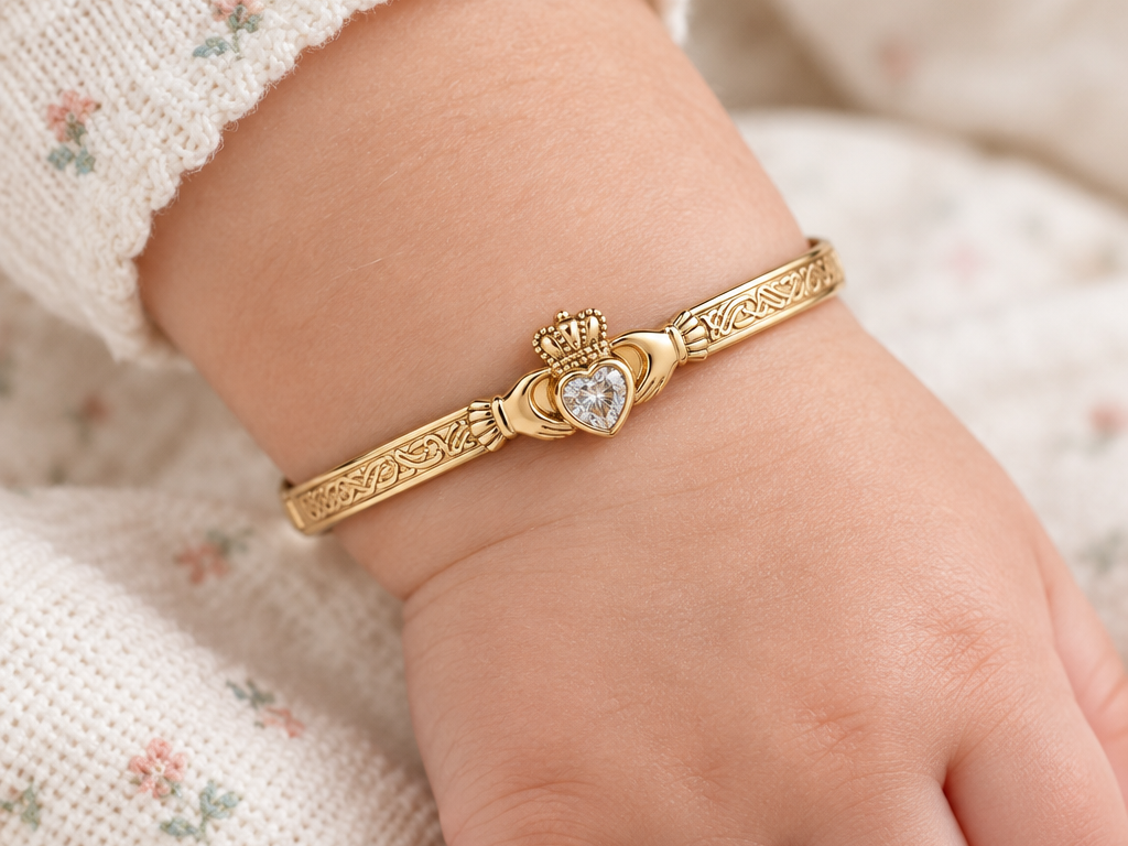 Rolled Gold Claddagh With White Cz Stone Bangle