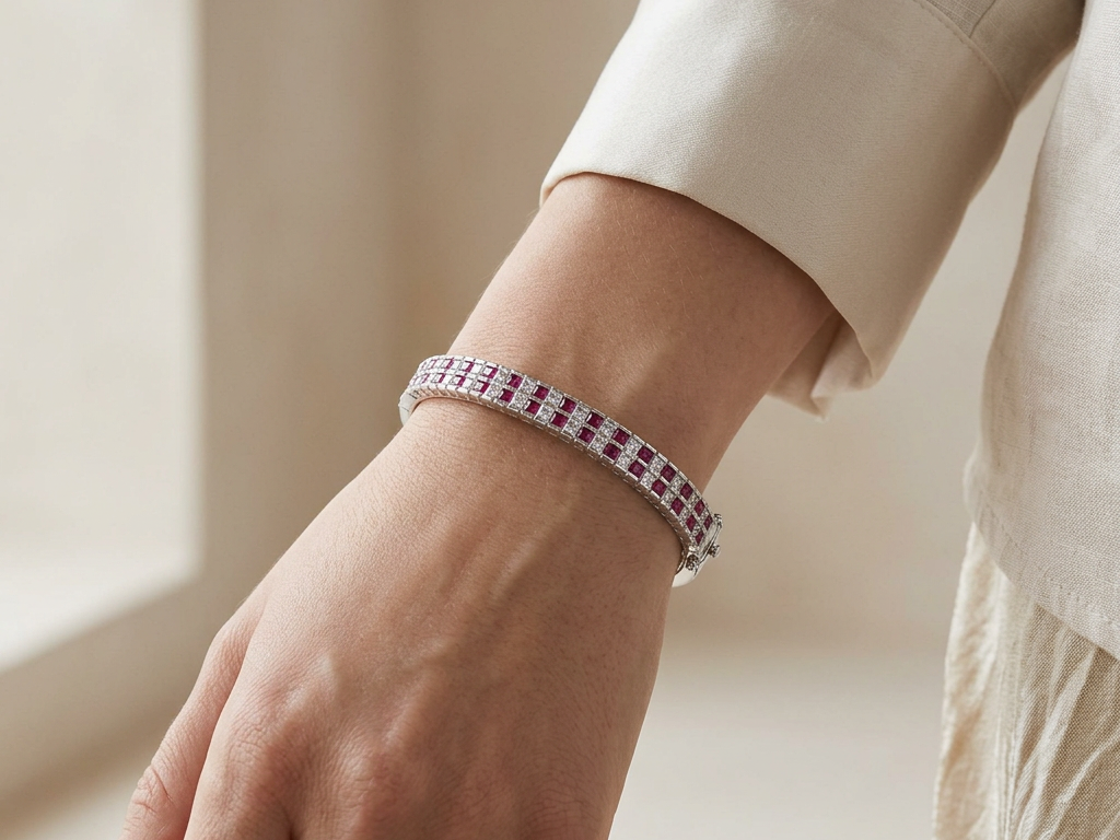 White And Ruby Cubic Zirconia Silver Bangle.