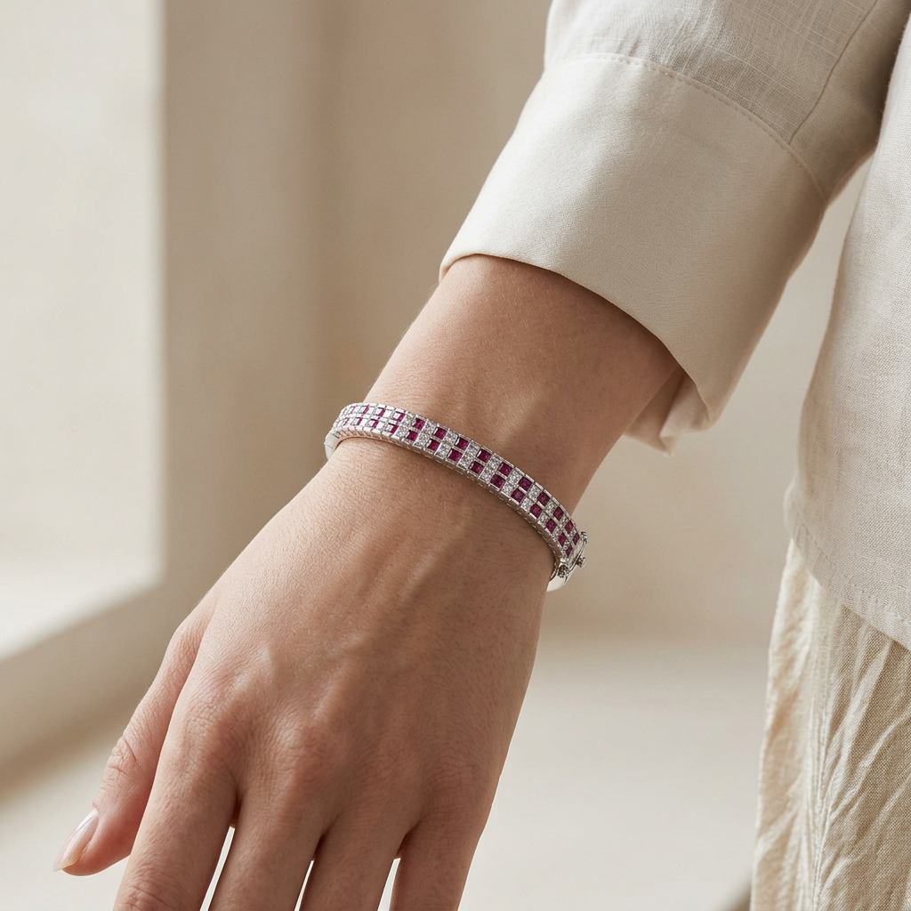 White And Ruby Cubic Zirconia Silver Bangle.
