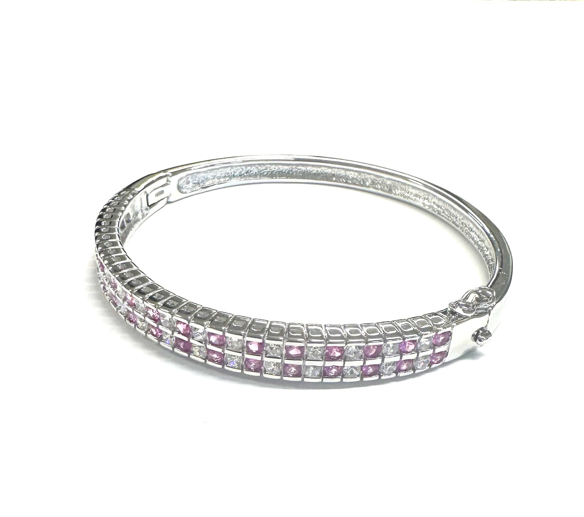 White And Ruby Cubic Zirconia Silver Bangle.