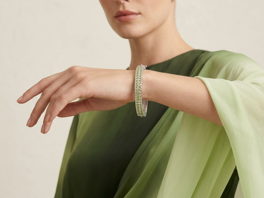 Dark and Light Peridot Cubic Zirconia Silver Bangle.