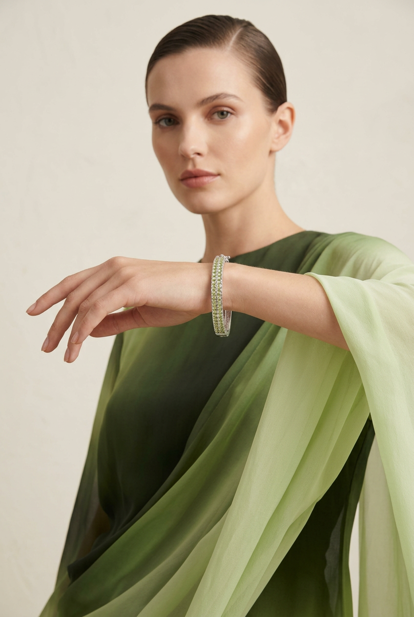 Dark and Light Peridot Cubic Zirconia Silver Bangle.