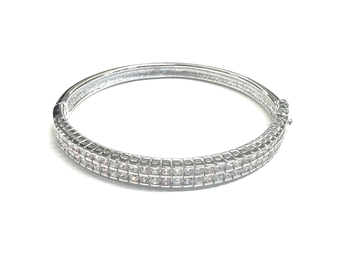 White And Pink Cubic Zirconia Silver Bangle.
