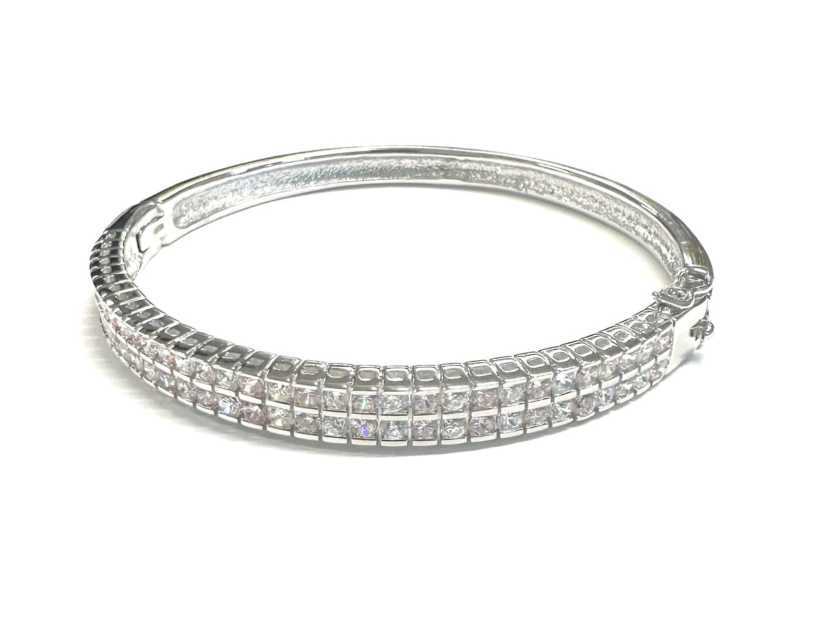 White And Pink Cubic Zirconia Silver Bangle.