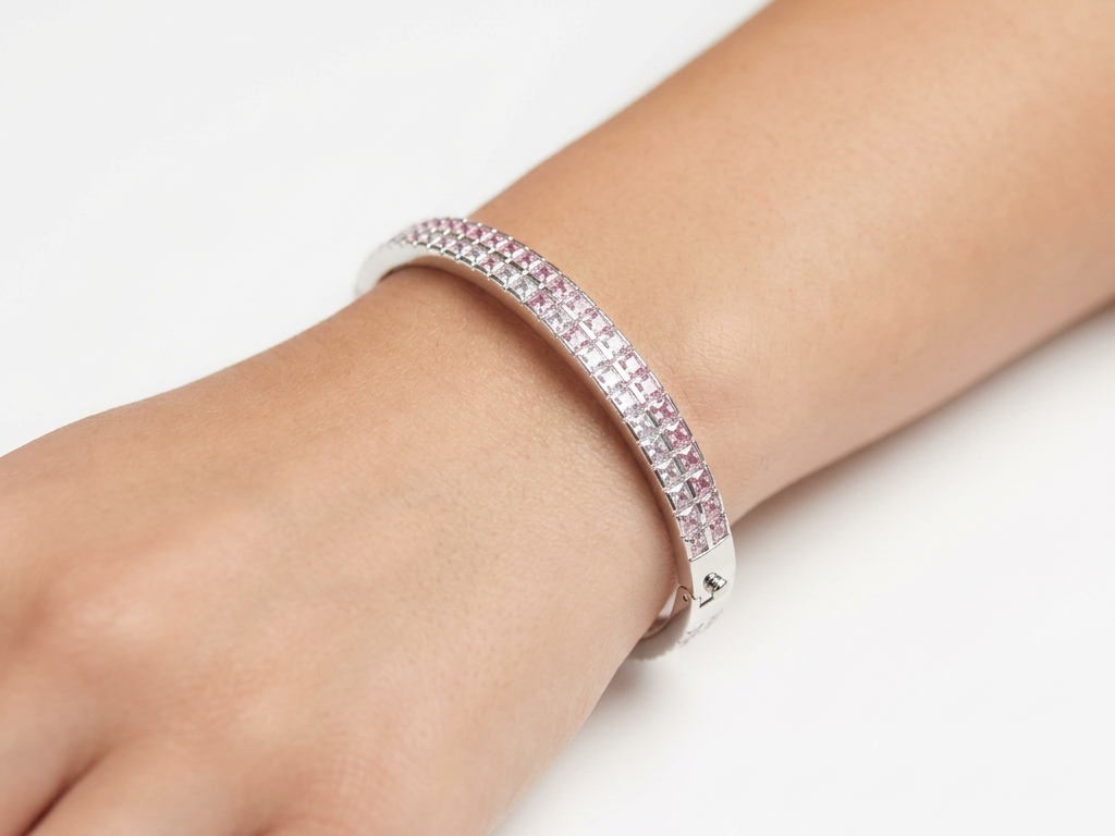 White And Pink Cubic Zirconia Silver Bangle.