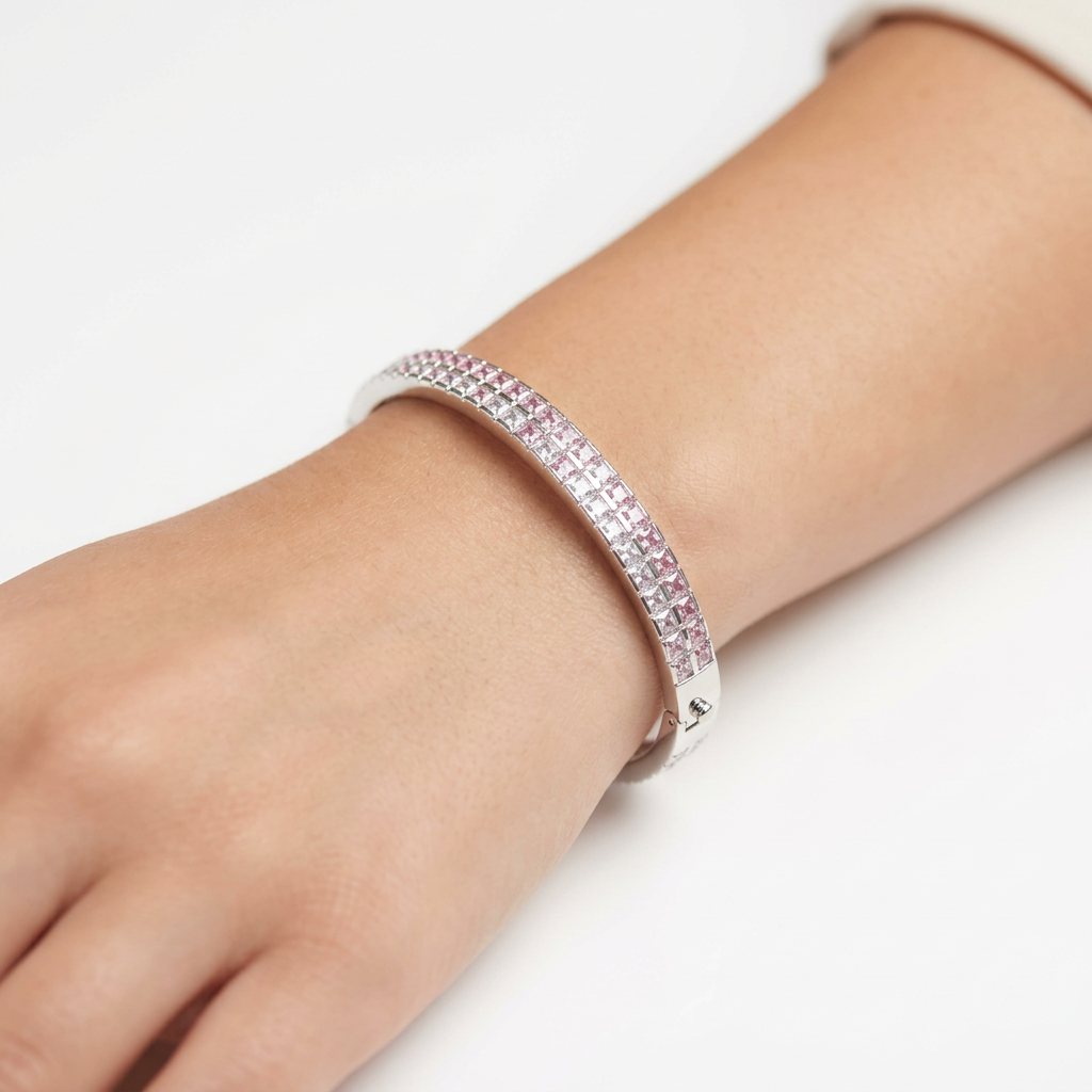 White And Pink Cubic Zirconia Silver Bangle.