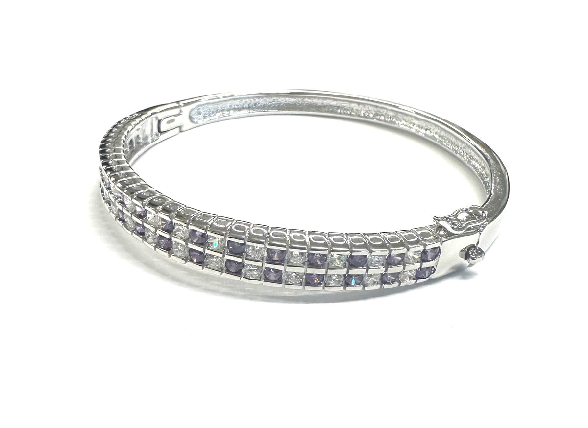 White And Amethyst Cubic Zirconia Silver Bangle.